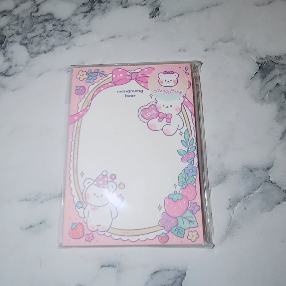 NWT Kawaii Teddy Bear Memo Pad Stationary - Strawberry
